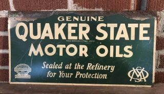 Vtg 1940s Quaker State Motor Oil Double Sided Tin Sign 100 Pennsylvania Oil 24” 2