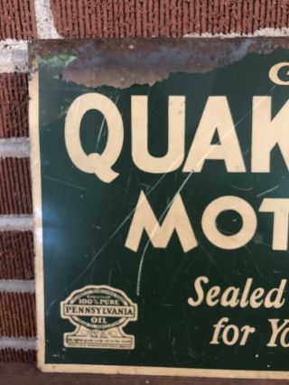 Vtg 1940s Quaker State Motor Oil Double Sided Tin Sign 100 Pennsylvania Oil 24” 9