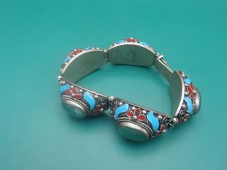 Large Antique Chinese export silver enamel Green ston Bracelet vintage jewellery 10