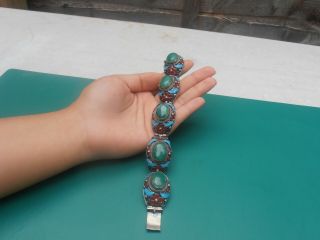 Large Antique Chinese Export Silver Enamel Green Ston Bracelet Vintage Jewellery