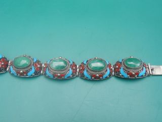 Large Antique Chinese export silver enamel Green ston Bracelet vintage jewellery 6