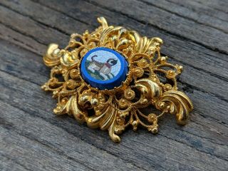 Ornate Gold Filigree Victorian Dog Micro Mosaic Brooch Pin,  Italy,  Grand Tour 11