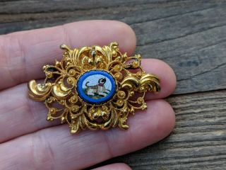 Ornate Gold Filigree Victorian Dog Micro Mosaic Brooch Pin,  Italy,  Grand Tour 12