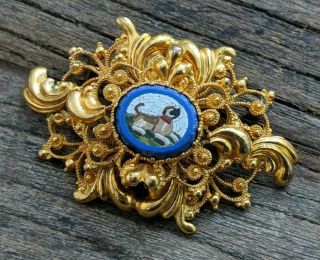 Ornate Gold Filigree Victorian Dog Micro Mosaic Brooch Pin,  Italy,  Grand Tour