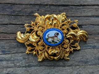 Ornate Gold Filigree Victorian Dog Micro Mosaic Brooch Pin,  Italy,  Grand Tour 2