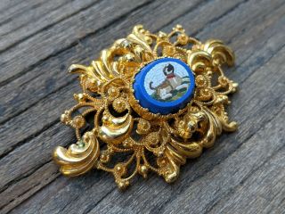 Ornate Gold Filigree Victorian Dog Micro Mosaic Brooch Pin,  Italy,  Grand Tour 4