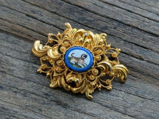 Ornate Gold Filigree Victorian Dog Micro Mosaic Brooch Pin,  Italy,  Grand Tour 8