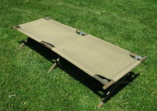 Ww2 U.  S.  Army Wood And Canvas Cot Complete Dated 1945