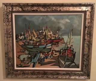 Post - Impressionist Painting Sailboat Boat Harbor Mid Century Oil On Canvas Vtg