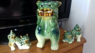 3 Vintage Chinese Blue Glazed Fu Foo Dogs Lion Figurine 1large 2 Last Reduction