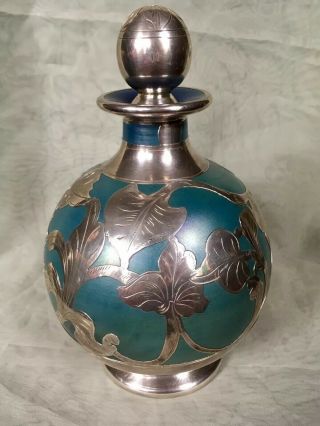 Vintage Iridescent Glass Sterling Silver Overlay Decanter