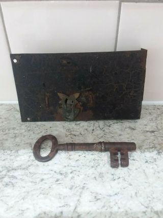 Antique/ Vintage Heavy Iron Door Lock And Key.  7 Inches Long And 4 Inches High