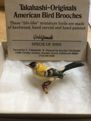 Vintage Takahashi Painted Wood Bird On Tree Branch Pin Goldfinch