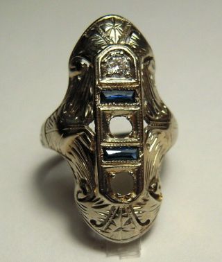 18k White Gold Diamond Sapphire Art Deco Filigree Semi - Mount Ring Size 4 1/4