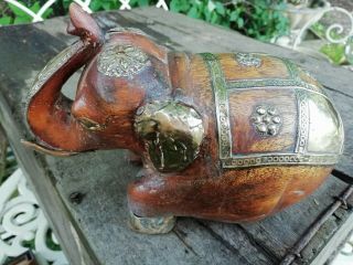 Vintage Indian Hand Carved Wooden Elephant With Inlaid Brass Decoration & Tusks
