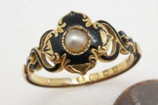 Antique Mid Victorian English 18k Gold Pearl Black Enamel Mourning Ring C1855