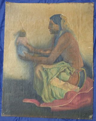 Antique Native American Oil Painting Indian Holding Doll Listed Artist?