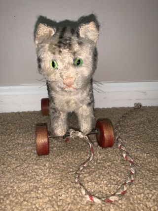 Steiff Cat On Wheels With String No Button Or Tag,  Vintage 1930’s