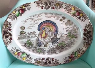 Vintage Antique Large Ironstone Transferware Nsp Hand Decorated Turkey Platter
