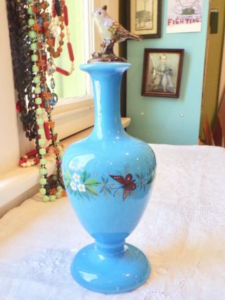 Antique French Blue Opaline Glass Scent Bottle - Enameled Butterflies - Bird Stopper