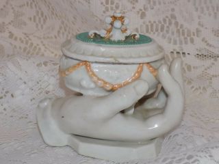 Antique Victorian Porcelain Fairing Trinket Box Hand Holding Box