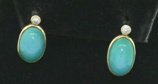Antique 14k Yellow Gold 0.  10ct Vs2/i Diamond And 8.  5mm X 12.  5 Turquoise Earrings