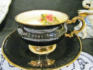 Elizabethan Tea Cup And Saucer Black Two Tone & Yellow Rose Teacup Waisted Set