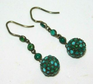 Antique,  Victorian Sterling Silver Natural Pave Turquoise Ball Drop Earrings