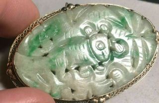 VINTAGE 14K GOLD CARVED PALE GREEN JADE PIN/PENDANT TIGER IN JUNGLE 6