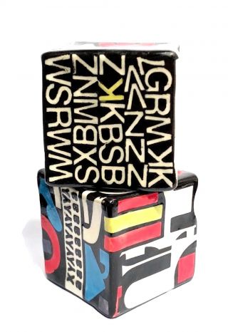 2 Vintage Signed Pop Art Hand Built Abstract Graphic Ceramic Cube Sculpture