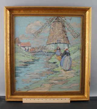 Antique Eleanor Parke Custis Gouache Painting Dutch Windmill Painting,  Nr