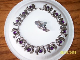 Vintage Taxco Ae Heart Sterling Silver Amethyst Cabochon Necklace Earrings Set