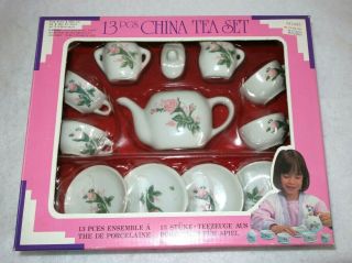 Childs Mini 13 Pc China Tea Set Service For 4 Rare Vtg Pink Rose