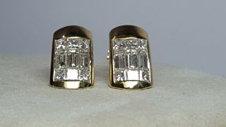 Vintage 14k Yellow Gold Square & Baguette Diamonds Pierced Post Earrings