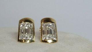 Vintage 14K Yellow Gold Square & Baguette Diamonds Pierced Post Earrings 2
