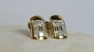 Vintage 14K Yellow Gold Square & Baguette Diamonds Pierced Post Earrings 3