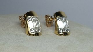 Vintage 14K Yellow Gold Square & Baguette Diamonds Pierced Post Earrings 7