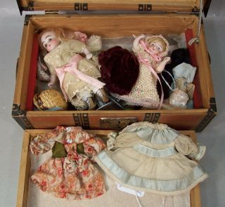 Antique All Bisque Kestner Doll Sisters,  Trunk W/ Clothes