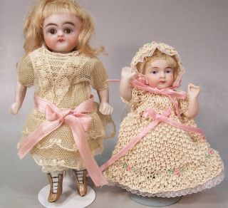 Antique All Bisque Kestner Doll Sisters,  Trunk w/ Clothes 2