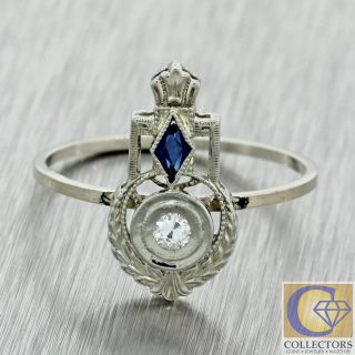 1930s Antique Art Deco 14k White Gold.  04ctw Diamond Sapphire Ring