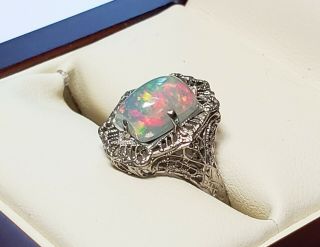 Art Deco Opal Ring 10k White Gold Old Gold Filigree Milgrian Accents Size 6.  25