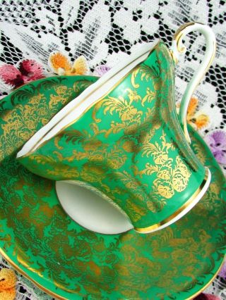 Aynsley Emerald Green Gold Gilt Floral Chintz Corset Tea Cup And Saucer