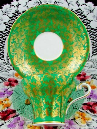 AYNSLEY EMERALD GREEN GOLD GILT FLORAL CHINTZ CORSET TEA CUP AND SAUCER 2