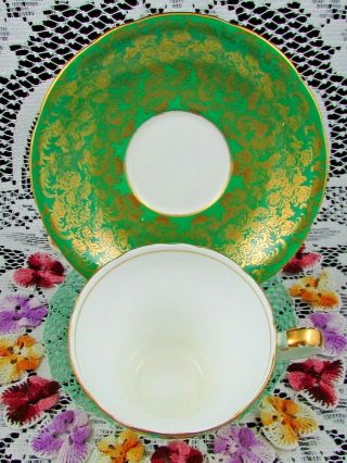 AYNSLEY EMERALD GREEN GOLD GILT FLORAL CHINTZ CORSET TEA CUP AND SAUCER 3