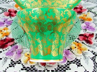 AYNSLEY EMERALD GREEN GOLD GILT FLORAL CHINTZ CORSET TEA CUP AND SAUCER 5