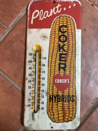 Coker Hybrid Corn Advertising Thermometer Sign Plant Cokers Antique Vintage
