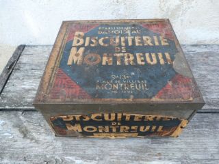 1910/1930 French Tin Box / Lithograph Paper Label Biscuiterie De Montreuil