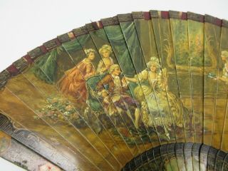 Incredible French 19th C fully painted Vernis Martin Ladies hand fan 7 1/8 