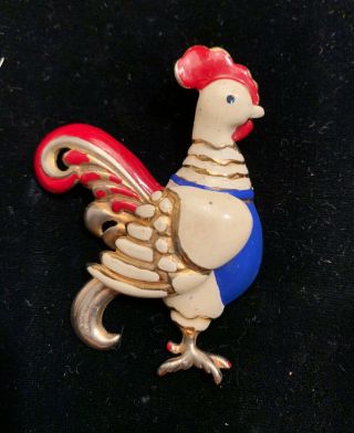 Vintage Unsigned Gold Plated Staret Painted Chicken Brooch With Articulated Wing