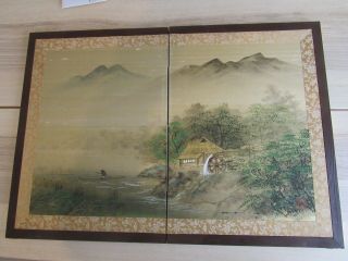 Vtg Chinese Hand Painted Silk 2 Panels Table Screen 24 " X 16 "